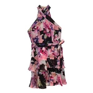 NEW Alex Marie Dress Womens Size 10 Pink Black Floral Ruffle Tiered High Neck - Picture 1 of 13