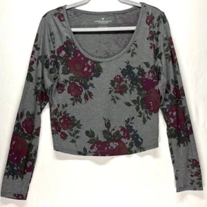 Neu mit Etikett American Eagle dunkel geblümt Langarm bauchfreies Oberteil grau rot Rosenmuster Damen XL - Bild 1 von 9