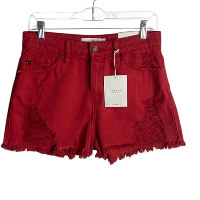 Shorts jeans KanCan tamanho médio vermelho jeans desgastado cintura alta desgastado boho gótico - Imagem 1 de 4