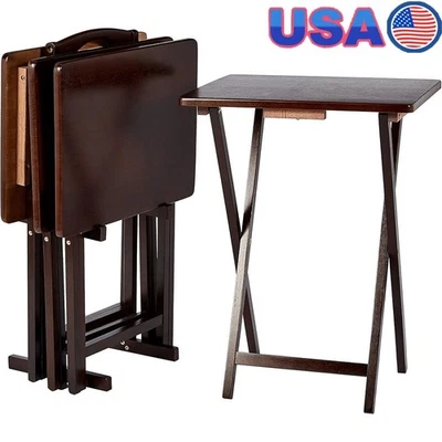 Juego de Bandeja de Cena Plegable Espresso Madera TV con Espresso con Estante 4 Bandejas de Almacenamiento Portátil Nuevo Foto 1 de 4