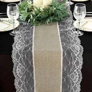 TAUPE 16"x108" Faux Burlap with Lace TABLE RUNNER Wedding Party Home Decorations - Picture 1 of 8