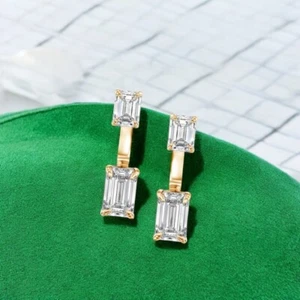 Certified 14K Yellow Gold Lab Created 3.00 Ct Emerald Cut Diamond Stud Earring - Picture 1 of 7