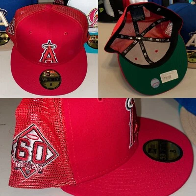 Size 8 - New Era Anaheim Angels MESHBACK PATCH 59FIFTY 60TH Patch Hat Green UV - Image 1 of 4
