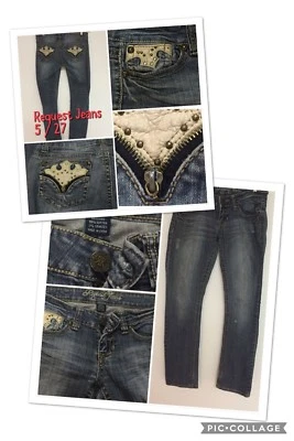 REQUEST Low Rise JEANS Women's Size 5/27 COTTON Spandex Distressed Embellished Foto 1 de 4