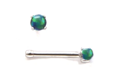 Nose Bone Ring Opal Blue Green Pronged 2mm Head 20 Gauge 1/4" Steel  - Изображение 1 из 3