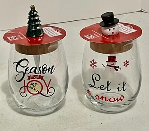 Holiday Time Best Wishes 19 Oz Stemless Wine Glasses With Bottle Topper Lot of 2 - Picture 1 of 5