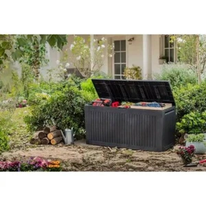 Keter Comfy Storage Deck Box 71Gal Resin Durable Plastic Wood Look Outdoor Grey - Picture 1 of 8