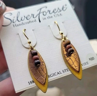 Silver Forest Earrings USA Pattern Teardrop Yellow Enamel & Copper & Wood Beads - Image 1 of 4