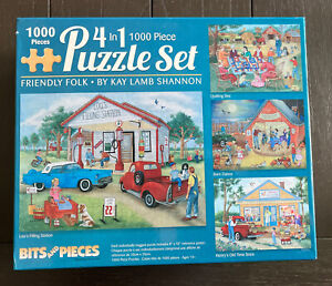 Bits and Pieces "4 IN 1" 1000 Piece  Puzzles  “FRIENDLY FOLK”  w/ build posters