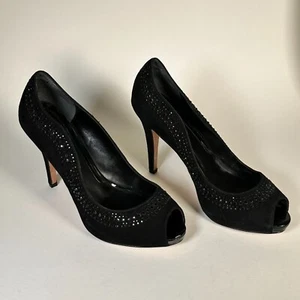 White House Black Market Women Stilett Shoes 9M Black Fabric High Heel Open Toe - Picture 1 of 9