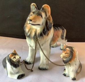 Vintage Collie Dog Family Figurine Chained Mom and 2 Puppies Pups Japan LassieG9 - Picture 1 of 12
