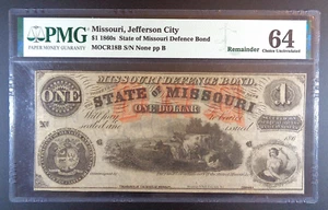 186_ Stato del Missouri (Secessionista) Banconota rimanente da 1 dollaro in obbligazioni di difesa, PMG CU 64. - Foto 1 di 2