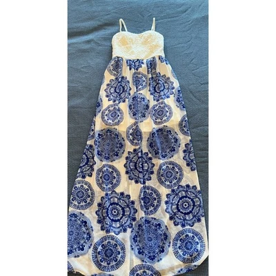 Maxi dress, white lace top blue medallion bottom short skirt underneath - Image 1 of 4