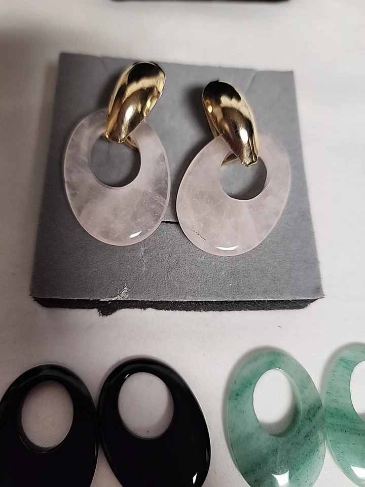 PENDIENTES COLGANTES PERFORADOS COLGANTES RELLENOS DE ORO OVALADOS ABIERTOS PIEDRAS PRECIOSAS DE CUARZO VINTAGE 1,75" Foto 1 de 4