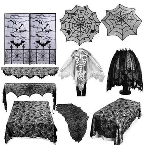 Halloween Props Spider Web Bats Black Lace Curtain Tablecloth Fireplace Mantle - Picture 1 of 32
