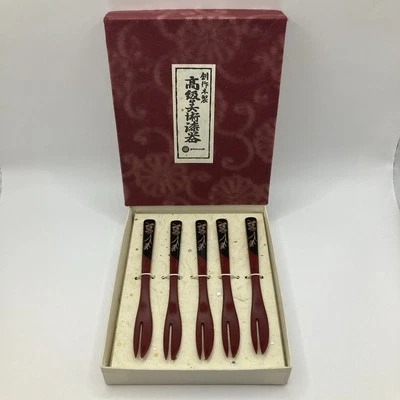 New Set Of 5 Japanese Princess Forks Dessert Forks Red Black Lacquerware In Box - Image 1 of 4