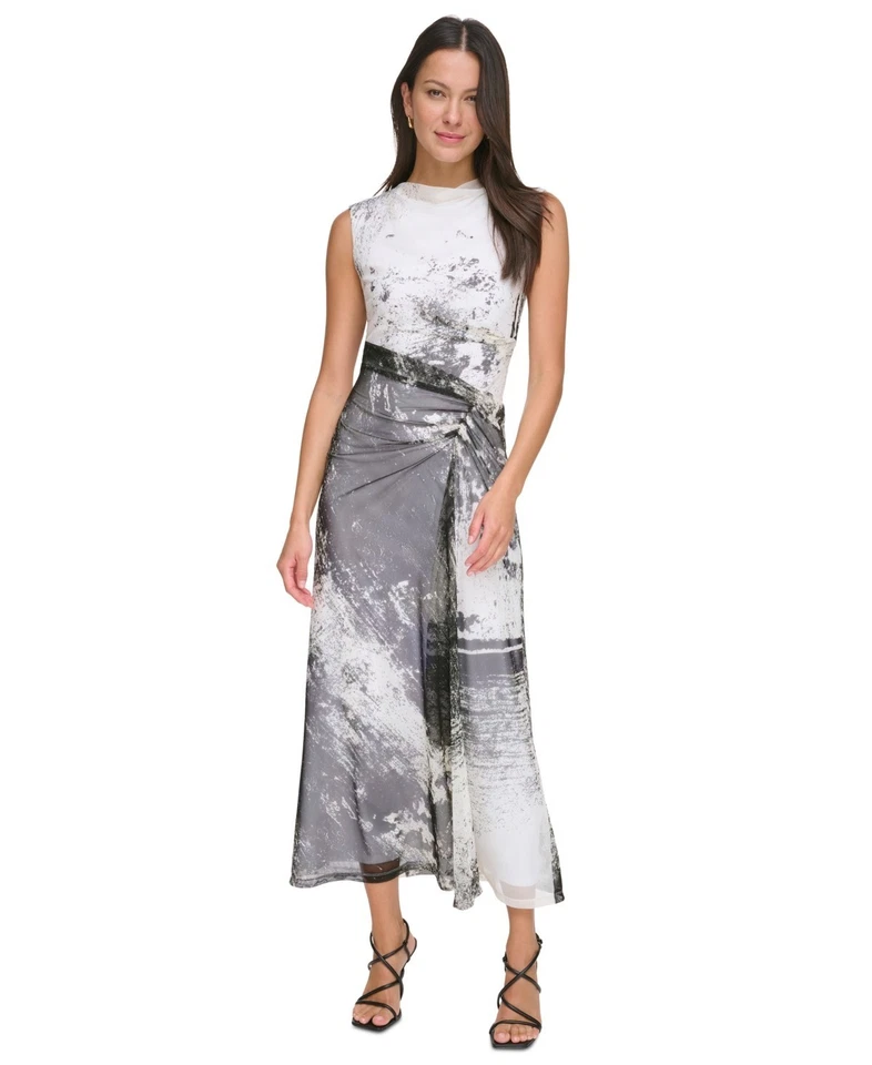 Dkny Women's Sleeveless Cowlneck Side-Ruched Dress - Black/Cream, sz 8 - Image 1 of 4