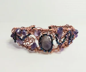 Bracelet Amethyst gemstone, wire wrapped copper bangle item #14751 - Picture 1 of 3