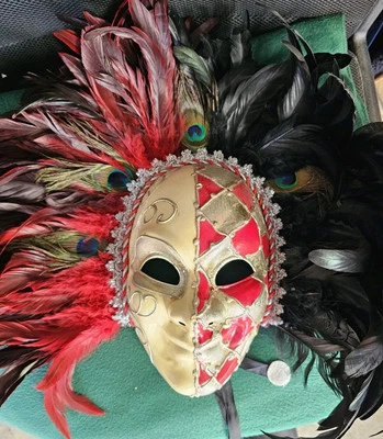 Peacock Feather Mask Masquerade for Women Venice Carnival RED & BLACK  - Image 1 of 4
