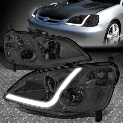 [LED DRL]FOR 01-03 HONDA CIVIC COUPE/SEDAN SMOKED CLEAR PROJECTOR HEADLIGHT LAMP - Image 1 of 4