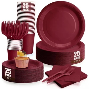 Burgundy Plates and Napkins Party Supplies, Include 9’’Disposable Burgundy Pa... - Bild 1 von 6