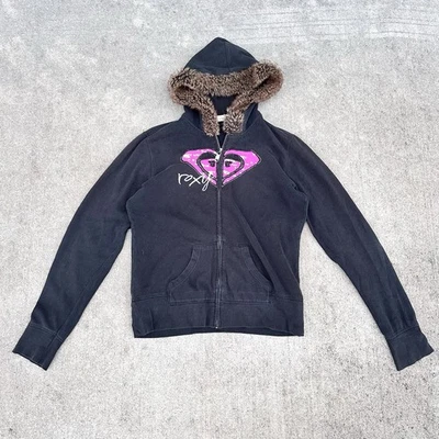 Vintage Y2K Roxy Fur Hoodie Womens XL 21x23 Surfing Quiksilver - Image 1 of 4