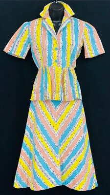 Conjunto de vestido vintage años 40 colorido a rayas, novedad estampado notas musicales peplum XS S Foto 1 de 4