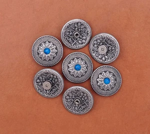 10PC 25X25MM Vintage Silver Sun Flower Turquoise Rope Screwback Tack Conchos Set - Picture 1 of 10
