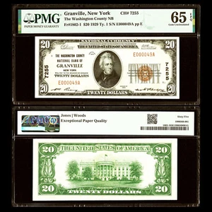 PMG 65 EPQ 1929 Granville, New York - Washington National Bank $20 CH# 7255 - Picture 1 of 3