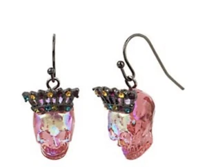 $32 Betsey Johnson ALL HALLOWS Pink Crown Skull Hematite Tone drop earrings F1 - Picture 1 of 8