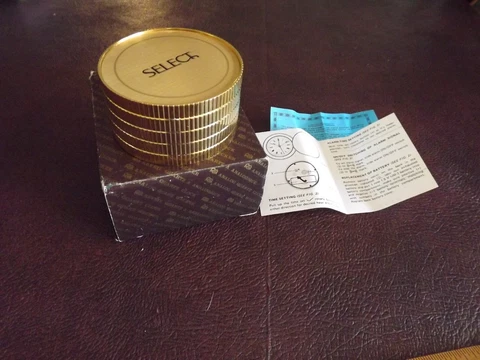 Round Stacked Gold Coin Desk Clock Quartz Made in Hong Kong Paper Weight NOS Cover