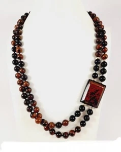 24” Black & Burnt Orange Jasper 2 Strand Beaded Necklace w/Matching Side Pendant - Picture 1 of 5