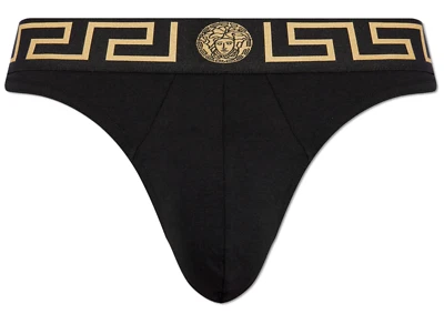 NWT Versace Greca Border Medusa Greek Key Black Logo Thong Underwear 8 / XXL $95 - Image 1 of 4