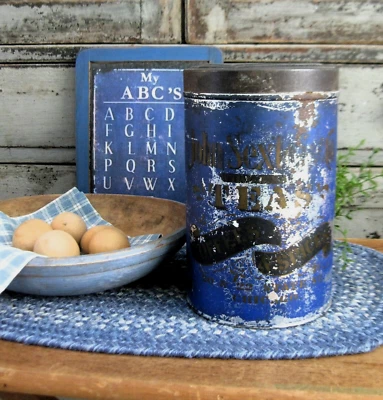 Antique John Sexton Teas Tin Canister Original Blue Paint & Stencils - Image 1 of 4