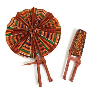 Handheld Fan | African, Kente Folding Fan |  Leather Thong | Portable, Hand Fan. - Picture 1 of 2