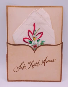 Vintage BURMEL Hankie Orig Label Embroidered White Poinsettia  Christmas  - Picture 1 of 9