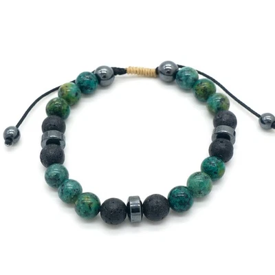Mens Adjustable Lava Rock African Turquoise & Hematite Gemstone Bracelet Energy - Image 1 of 2