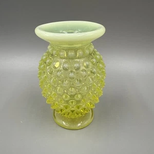Fenton Opalescent Hobnail Vaseline Glass Vase Ruffled Edge 4in Glows - Picture 1 of 14