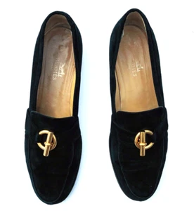 Hermes Vtg 1992 Black Suede Slip On Flat Loafers Gold Metal Bit US 8-9, Eur 39 - Picture 1 of 10