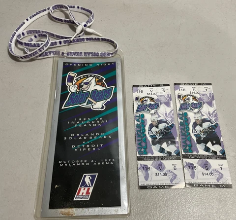 Orlando Solar Bears Inaugural Season Opening Night Game Tickets & Lanyard 1995 Cover
