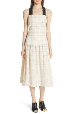 SEA New York Jacques Grid Square Linen Apron Adjustable Open Back Midi Dress 10 - Image 1 of 4