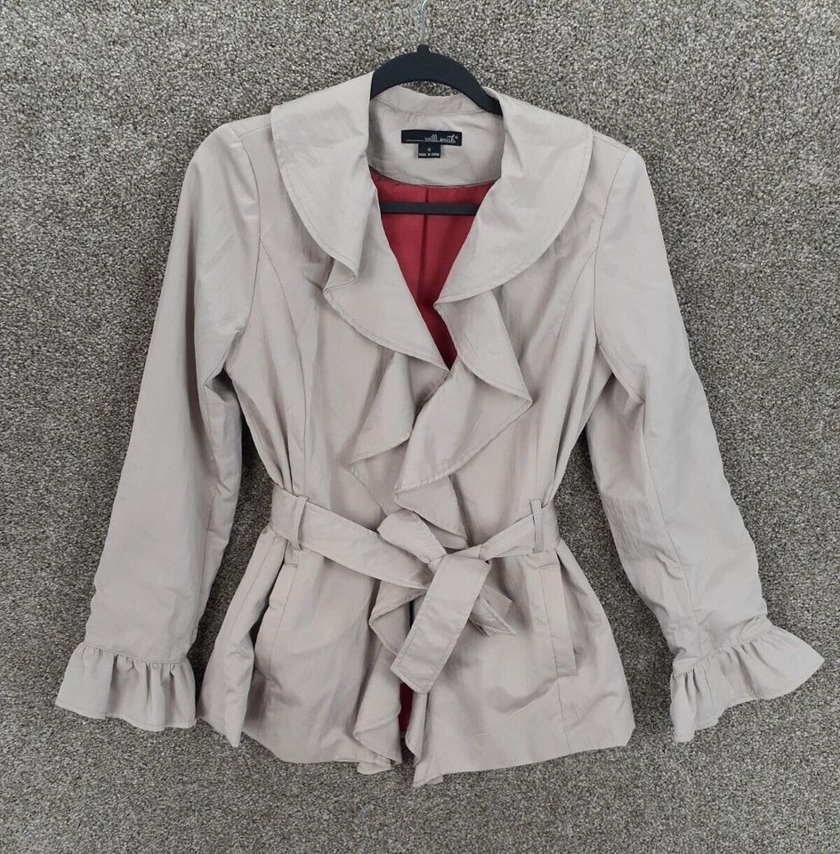 Willi Smith Belted Ruffle Jacket Womens S Beige Nylon Blend Pockets Casual Chic - Image 1 of 4