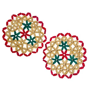 Remaches de madera de bambú vintage Hot Pad lote de 2 vacaciones Navidad rojo verde floral - Imagen 1 de 7