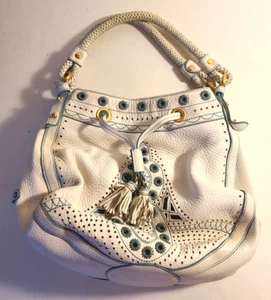 Cole Haan "Kayla" White Embellished Pebbled Leather Satchel Tote Brass Hardware - Picture 1 of 10