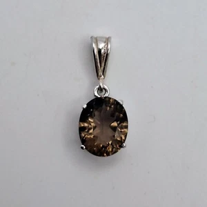Sterling Smokey Quartz Dangle Pendant 3.13 Carat Faceted Oval 925 Silver - Picture 1 of 11