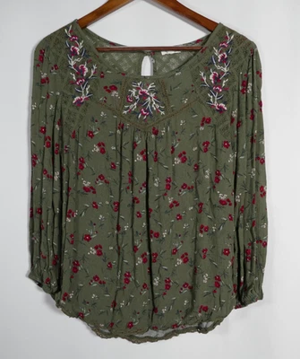 Top campesino bordado floral boho Mason & Belle para mujer talla M ribete de encaje verde Foto 1 de 4