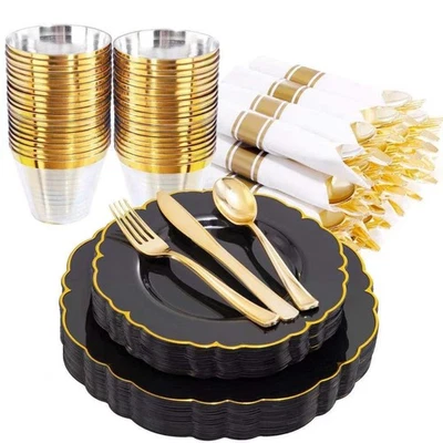 Morejoy 175PCS Black Gold Plastic Plates, Black Disposable Plates with Pre - Image 1 of 4