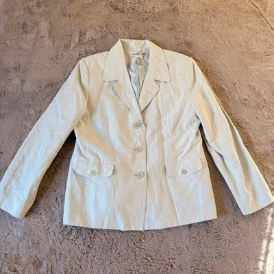 复古 Samantha Taylor 女式浅蓝色丝绸亚麻混纺西装外套 14 码 — 第 1/4 张图片