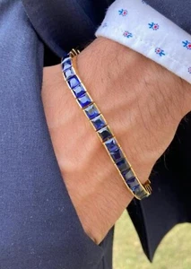 5mm Princess Lab-Created Sapphire 14K Yellow Gold Over Men's Tennis Bracelet 8" - Picture 1 of 8