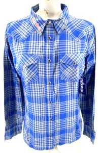 NEW Boise State Broncos Wrangler Retro Blue Plaid Snap Button Shirt Women's M - Picture 1 of 8